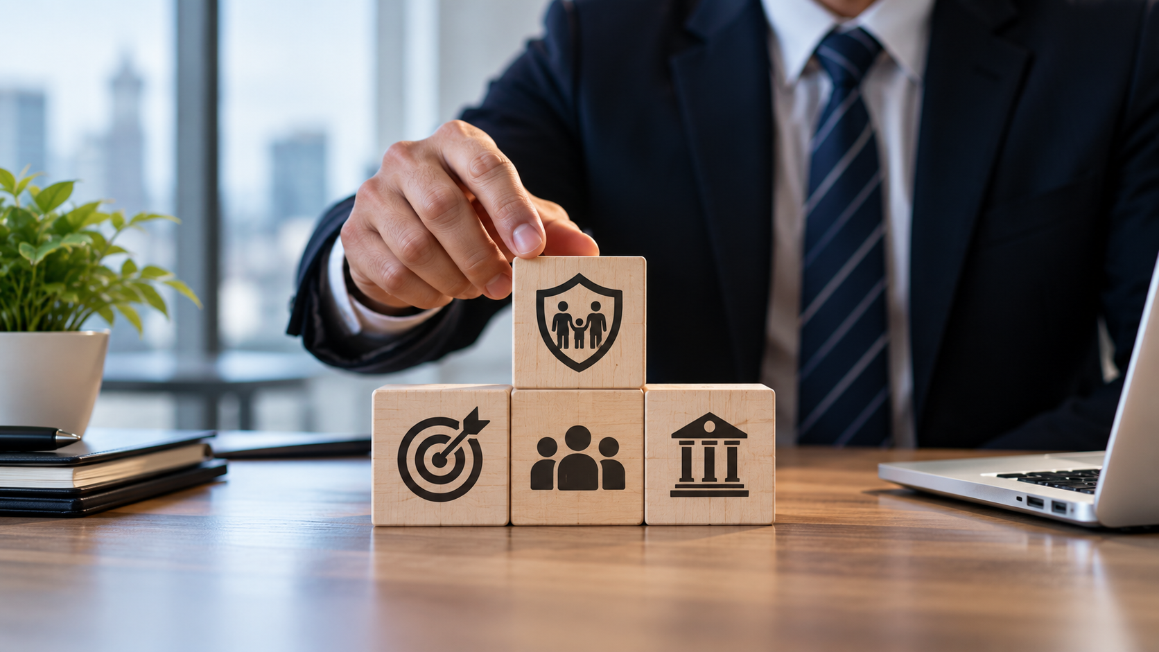 Businessman stacking wooden blocks with family, target, team and bank icons