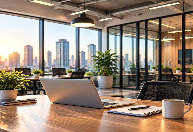 Bright office workspace with a laptop and a city skyline view